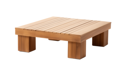 Sleek minimalist wooden coffee table with square legs on transparent background