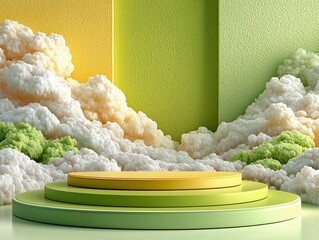 Fresh Dreamy Display with Floating Clouds and Double-Layered Circular Platform on Pale Gradient