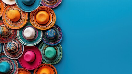 Overhead view of a collection of colorful hats arranged against a vibrant blue background. The hats are of various colors and designs.