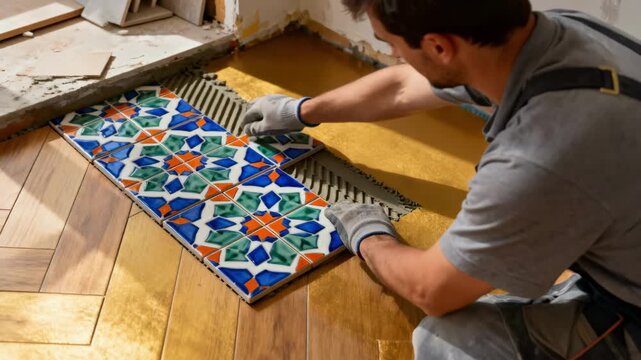 Craftsman carefully aligns patterned ceramic tiles on floor ensuring precise spacing and vibrant mosaic design in modern home renovation.
