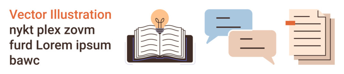 Communication, education, collaboration, knowledge sharing, creativity, documentation. Open book with a light bulb, speech bubbles and documents. Communication and education concept