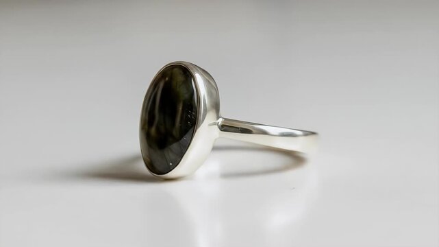 Close Up Footage of Oval Labradorite Gemstone Ring Silver Band