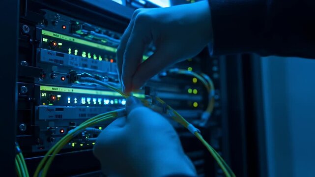 Close-Up Footage of Hands Connecting Fiber Optic Cables in Server Room