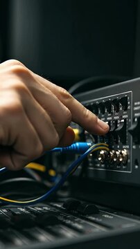 Close up Hand Adjusts Sound Mixer Knobs Blue Cable Connects Audio Equipment