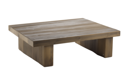 Rustic wooden coffee table with horizontal planks and tapered legs on transparent background