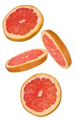 dynamic studio photograph capturing four freshly sliced pink grapefruits suspended in a dynamic arrangement, emphasizing the vibrant pulp, isolated on black.