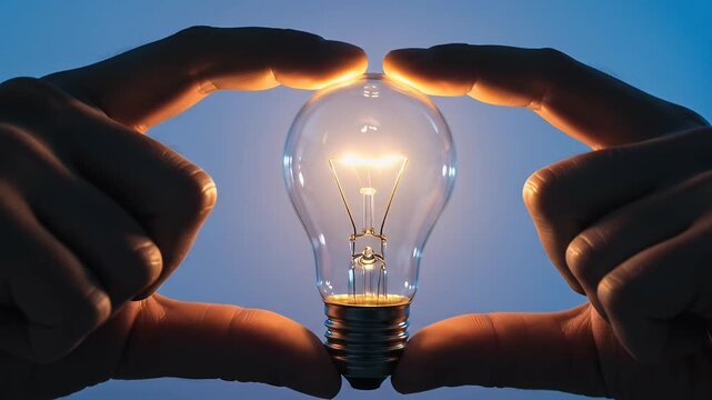 Close Up Hands Hold Glowing Light Bulb Idea Innovation Concept