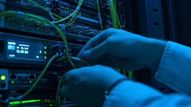 Close-up Hands Connecting Fiber Optic Cables In Server Room Blue Light