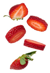 several ripe red strawberries and various slices of strawberry fruit floating dynamically in the air, isolated on a clean transparent background.