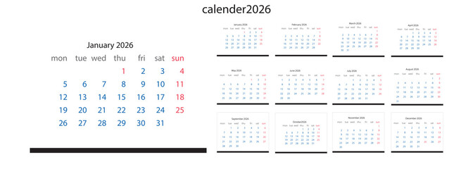 Minimalist calendar for the year 2026, twelve months displayed isolated on transparent background