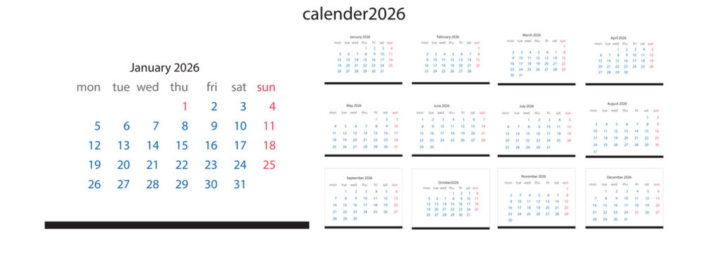 Minimalist calendar for the year 2026, twelve months displayed isolated on transparent background