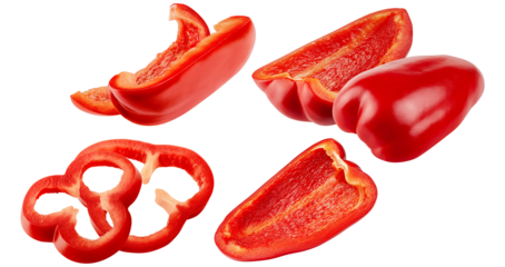 fresh red bell pepper pieces, slices, and half cuts dynamically floating and isolated against a deep, pure transparent background for culinary design.