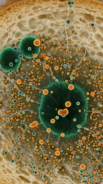 Close Up Macro View Moldy Bread Slice Green Blue Orange Spores
