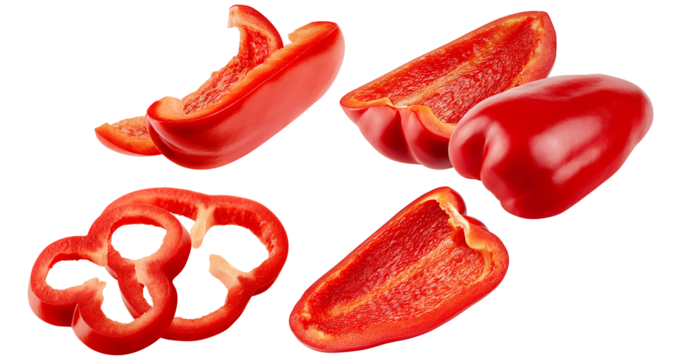fresh red bell pepper pieces, slices, and half cuts dynamically floating and isolated against a deep, pure transparent background for culinary design. - Powered by Adobe