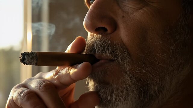Close Up Man Smoking Cigar Warm Sunlight Outdoor Cinematic