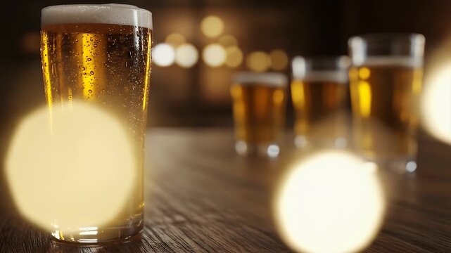 Close Up Of Beer In A Pub With Bokeh Lights And Bubbles