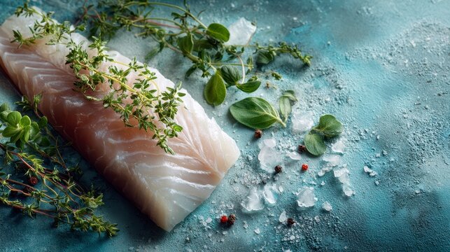 Fresh raw fish fillet with green herbs and coarse salt on textured blue surface, evoking natural and fresh culinary atmosphere