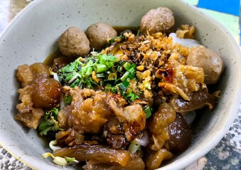  Thai dry noodles in bowl, indoor Chiangmai Thailand.