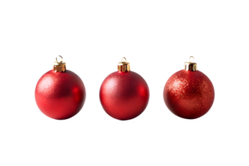 three small Christmas baubles arranged neatly on white background, minimal clean composition, soft shadow
