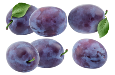 cluster of fresh, whole purple plums with green leaves attached, showcasing their natural waxy bloom and deep color, isolated on black.