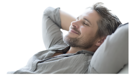 Content handsome man relaxing with his hands behind his head isolated on transparent background.