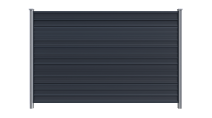 Modern minimalist fence with dark gray slats and metallic posts on transparent background