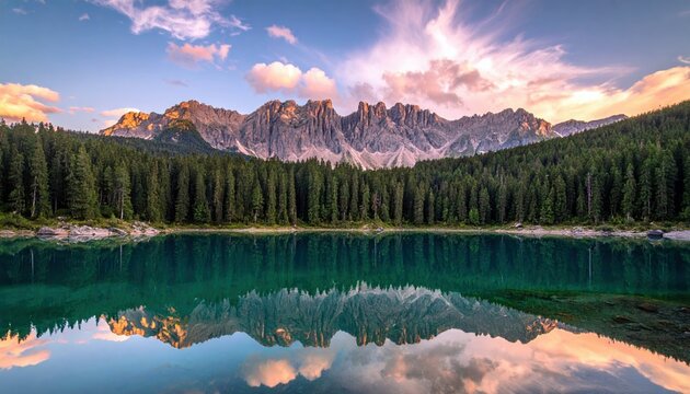 Scenic landscape of a mountain range reflected in a calm lake, surrounded by a forest at sunset. The sky is filled with colorful clouds. - Powered by Adobe
