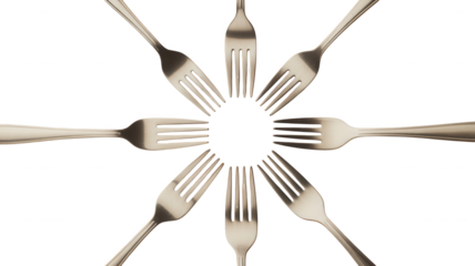 Eight silver forks arranged in a starburst pattern against a deep black background
