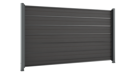 Modern rectangular fence panel with dark gray horizontal slats and vertical posts on transparent background