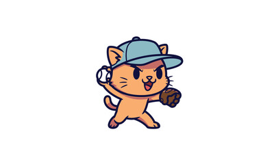 Cartoon Cat Baseball Player with Cap Throwing Ball, Cute and Playful Character Design.