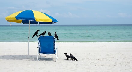 Ravens gather on a beach, under a colorful umbrella and near the calm ocean