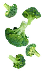 dynamic photograph of a large, fresh broccoli head separating and falling apart, revealing individual florets isolated against black.