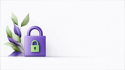 A purple padlock with a green lock and leaves on a white background. The image is clean and minimalistic.