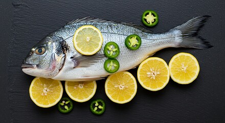 Raw, fresh fish prepared with lemon slices and jalapenos on a dark stone surface