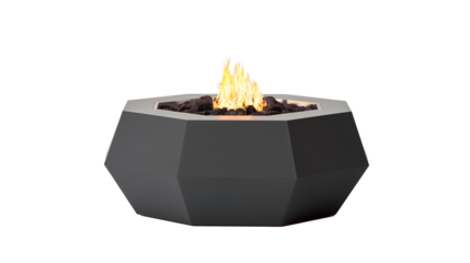 Modern geometric fire pit with dark gray finish and vibrant flames on transparent background