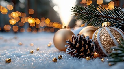 Close-up of Christmas ornaments, pine cone, and evergreen branches on snow, with blurred bokeh lights in the background. Festive and seasonal.