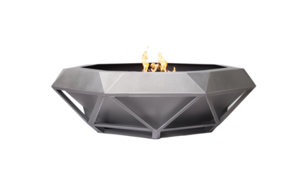 Modern geometric fire pit with vibrant flames on transparent background