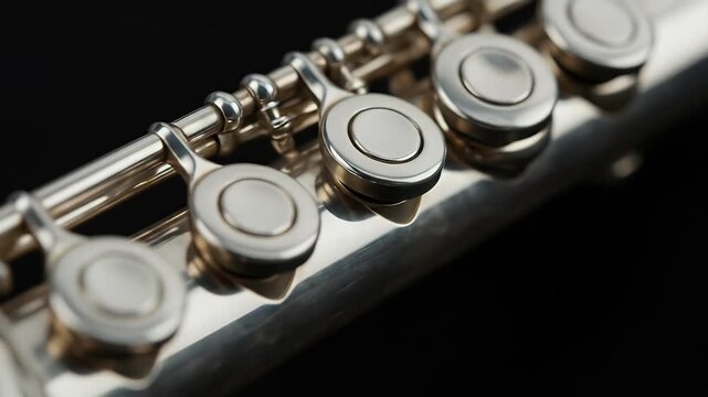 Close Up Silver Flute Keys With Black Background Cinematic Music Footage