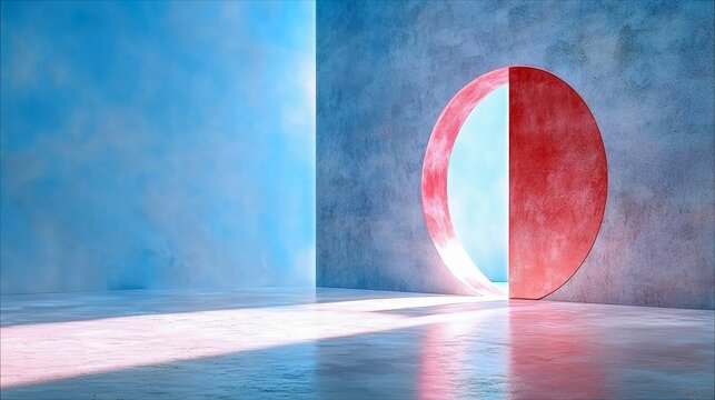 An abstract interior scene featuring a red circular doorway, dramatic lighting, and a textured wall.
