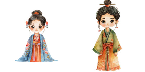 cute girl wearing chinese traditional clothes watercolor vector illustration