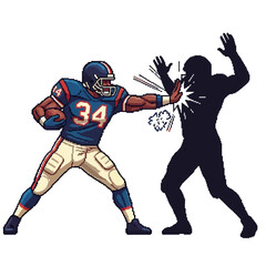 A dynamic pixel art illustration of an American football running back executing a powerful stiff arm against a defender