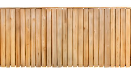 Close-up of a wooden fence with evenly spaced vertical slats and natural light brown hue