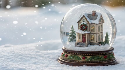 Detailed snow globe featuring a decorated Victorian house and snowy trees, placed outdoors in fresh snow during gentle snowfall.