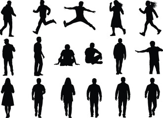 Silhouette collection of people in various poses including walking, running, jumping, sitting, standing, gesturing for design and motion studies