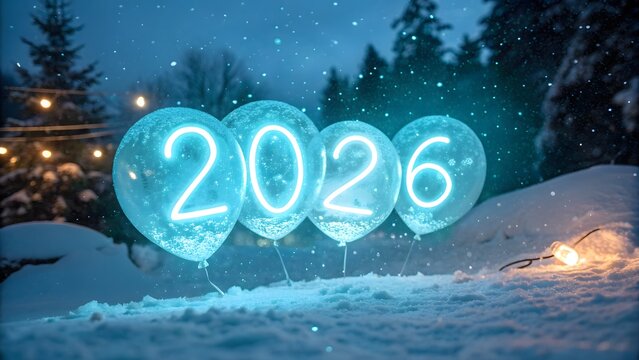Glowing blue balloons displaying the year 2026 in a snowy night scene, new year, celebration, happy new year, 2026