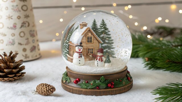 Festive snow globe featuring two snowmen and a snowy log cabin surrounded by pine trees, set in a cozy holiday setting.