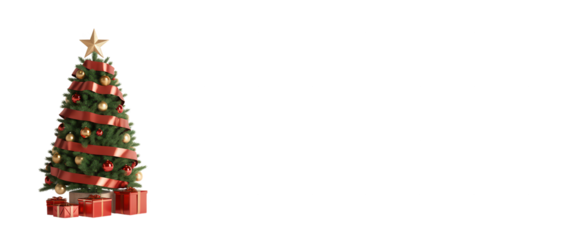 Festive decorated christmas tree with red ribbon and presents on a black background