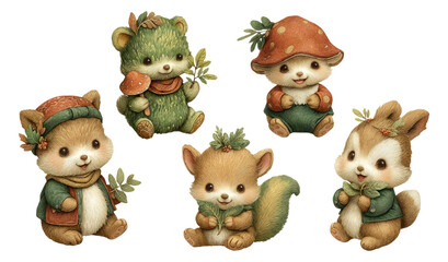 Naklejka premium Woodland Fantasy Creatures Hand-Drawn with Textured Detail for Illustrative Use