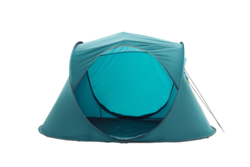 Teal pop-up tent with hexagonal design and dual compartments on transparent background