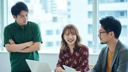 Three diverse colleagues two women and one man interact positively in a modern office environment by a window asian asia chinese